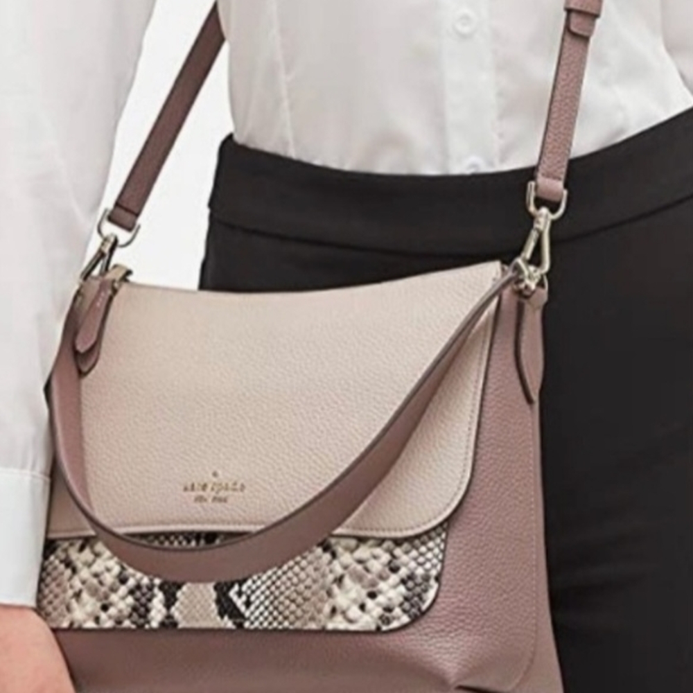 Kate Spade Cream and Brown Crossbody Bag with Flap Design and Snake Print Accent